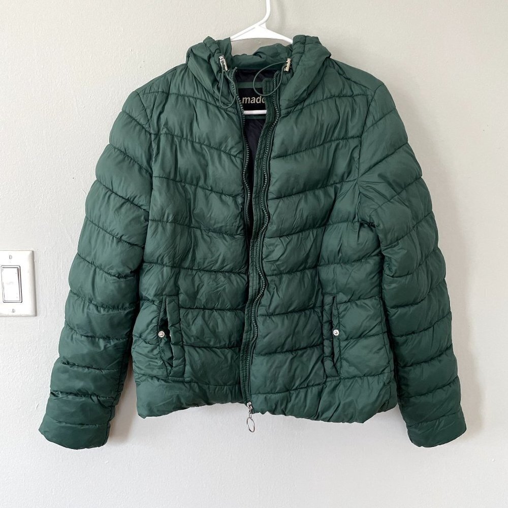 Madden NYC green puffed‎ winter jacket coat hooded pockets nylon warm size large